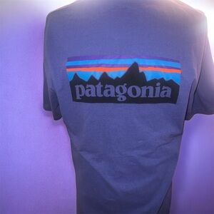 Patagonia Short-Sleeve Logo Tee in Charcoal with Blue and Orange Stripes